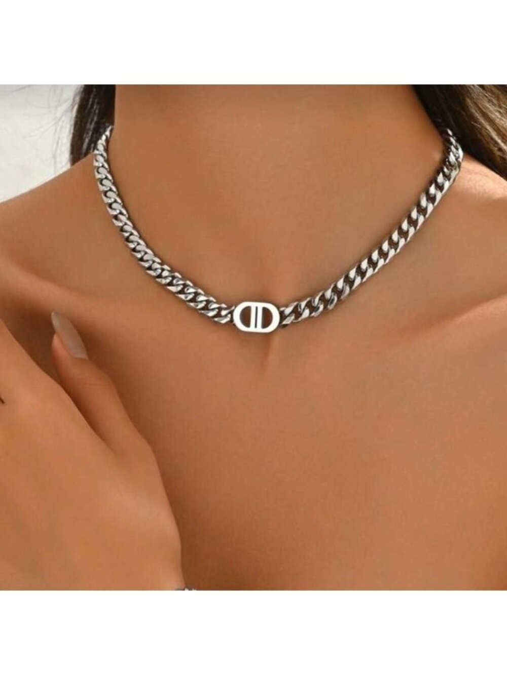 Silver Plated Stainless Steel Cuban Link Necklace with Logo Accent
